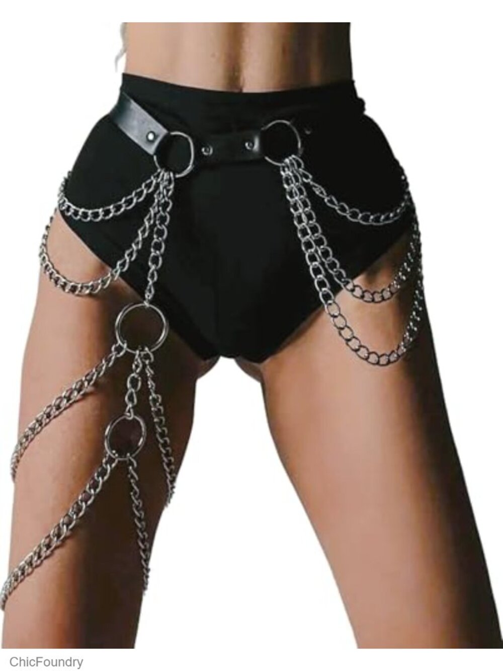 Punk Gothic Faux Leather Waist Belt with Leg Chains, Festival Clubwear Accessory